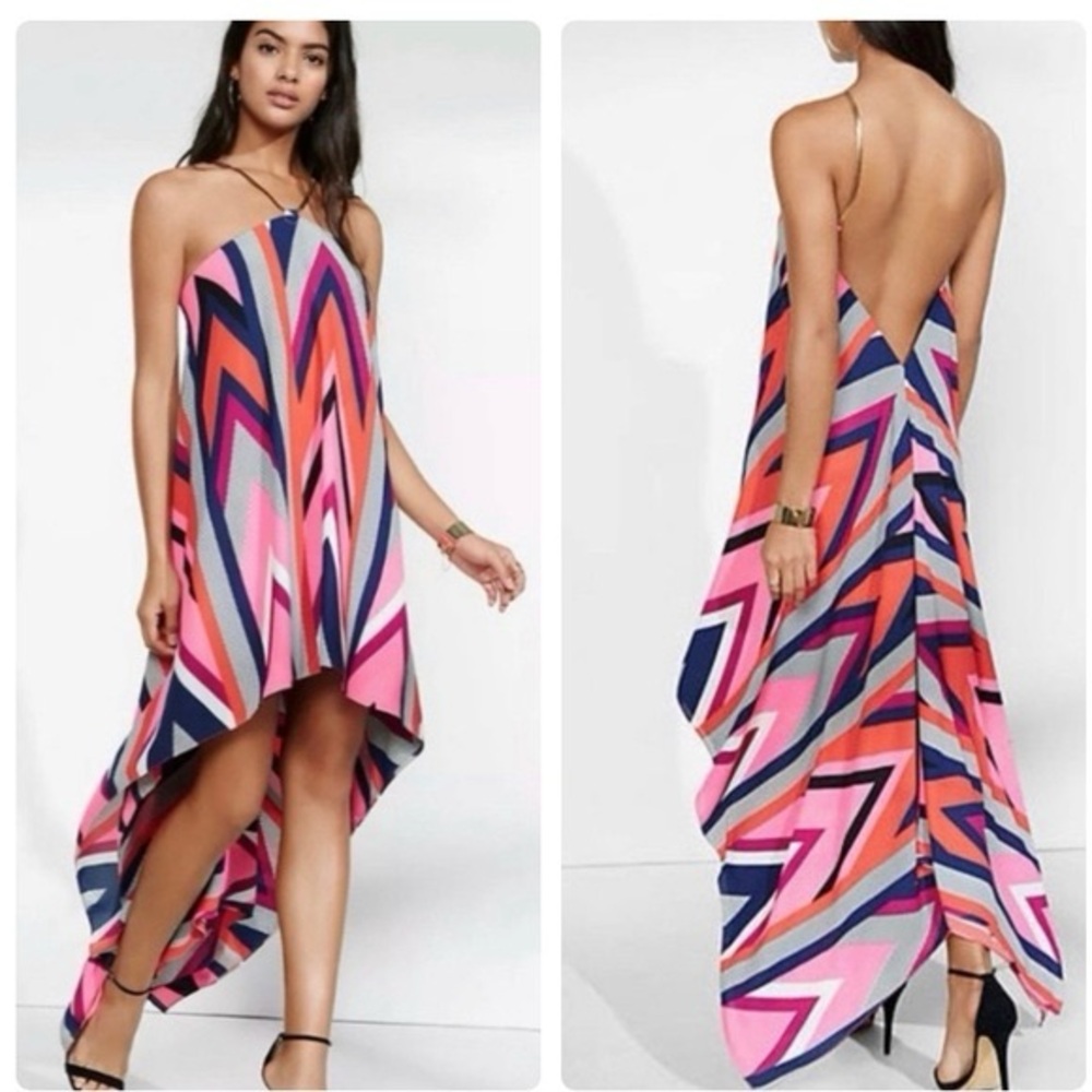 NWT‼️Express chevron Hi Lo gold chain halter dress - Picture 3 of 3